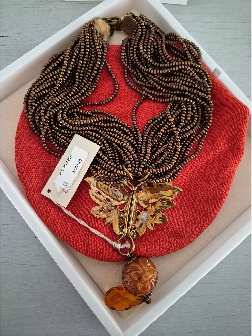 Stephen Dweck Bronze Pearl Carved Jade & Citrine Butterfly Collar Necklace
